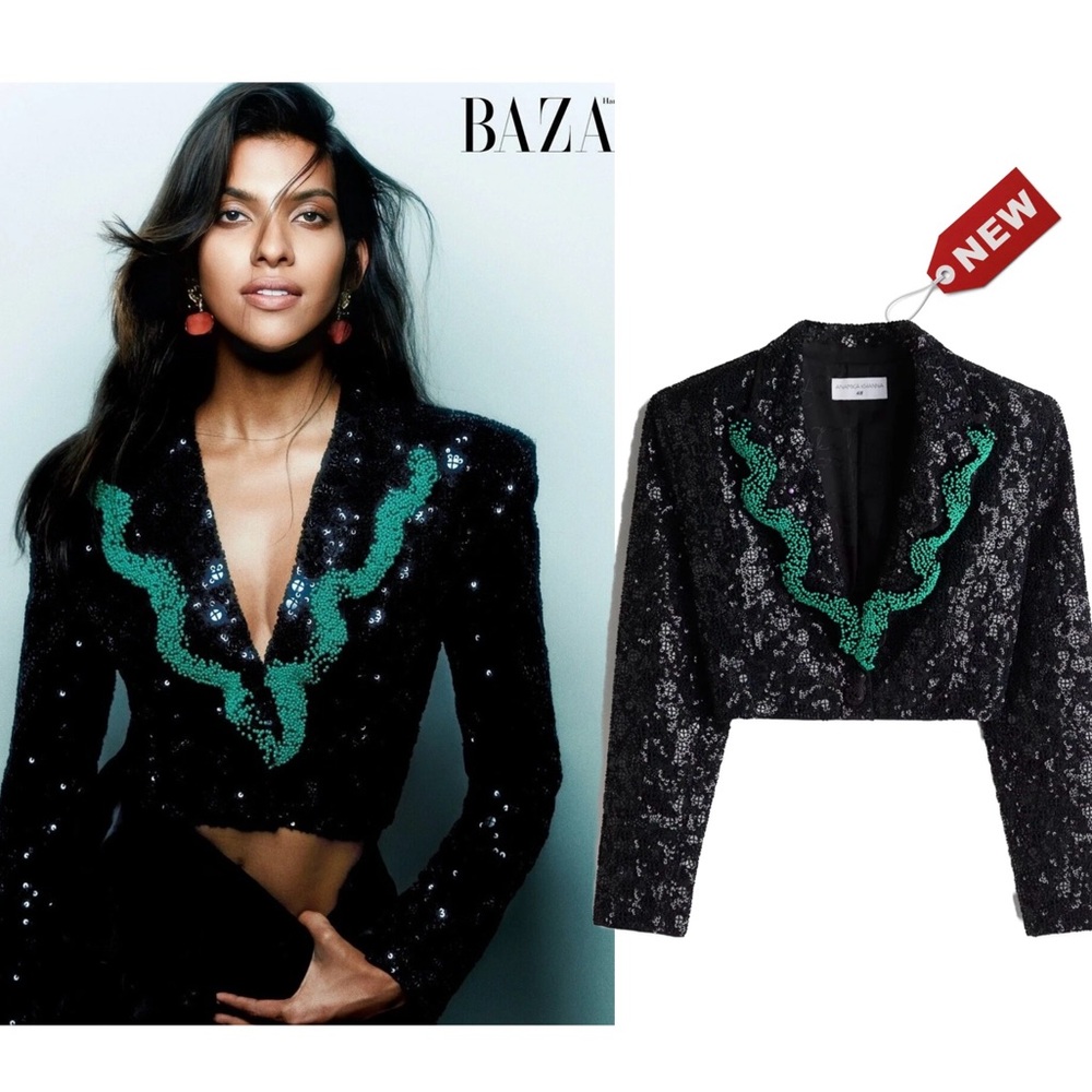 Anamika Khanna H&M Cropped hand-embroidered Beaded Sequin Blazer Black Green XXL